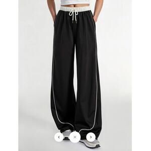 Commense Black Wide-Leg Drawstring Pants with White Piping